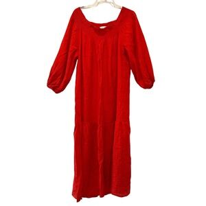 HM Red Orange Smocked Maxi Dress Women Medium Boho Peasant Festival Oversized